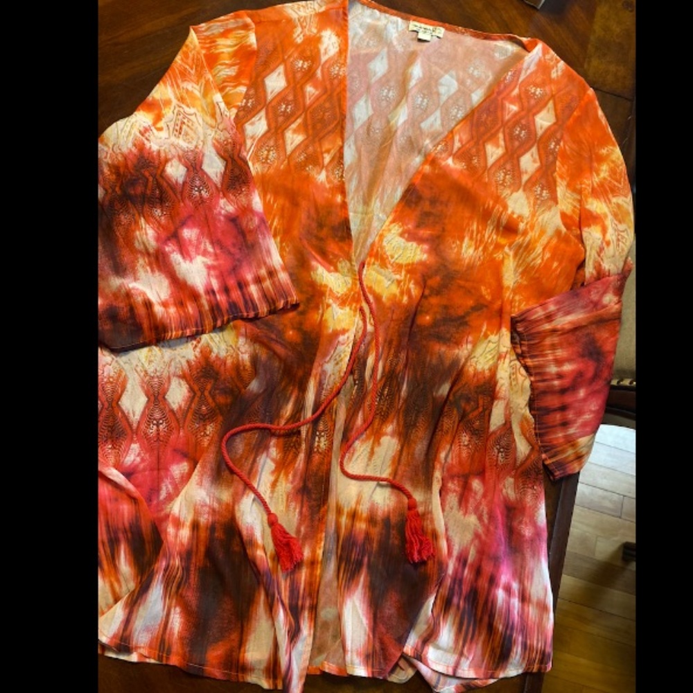 ONE WORLD Orange and Pink Tie-Dye Open Front Kimono
